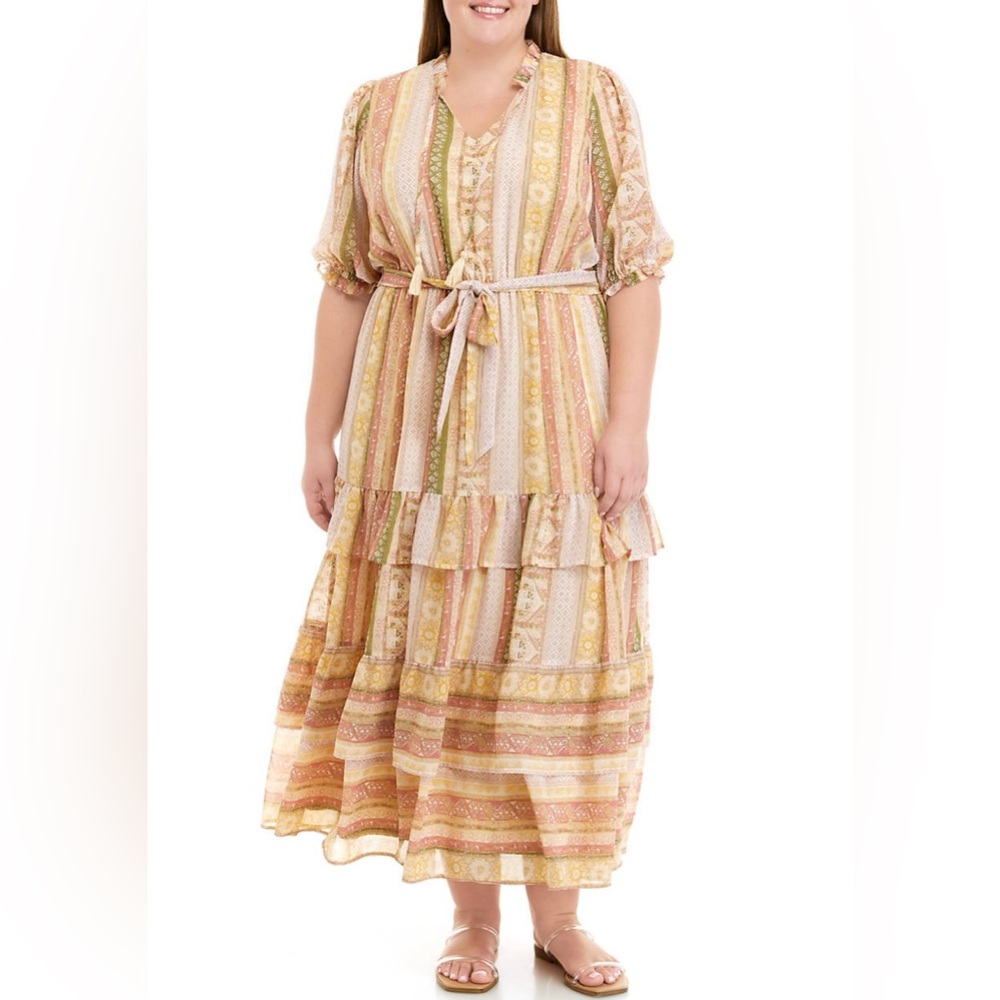 Wonderly Plus Size Elbow Sleeve Tiered Yarn Dyed Dress size 2x muted multicolor